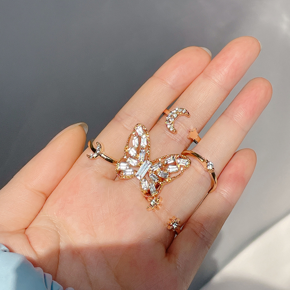 创意女式镶嵌水钻戒指光身复古金色个性独立包装蝴蝶戒指5件套