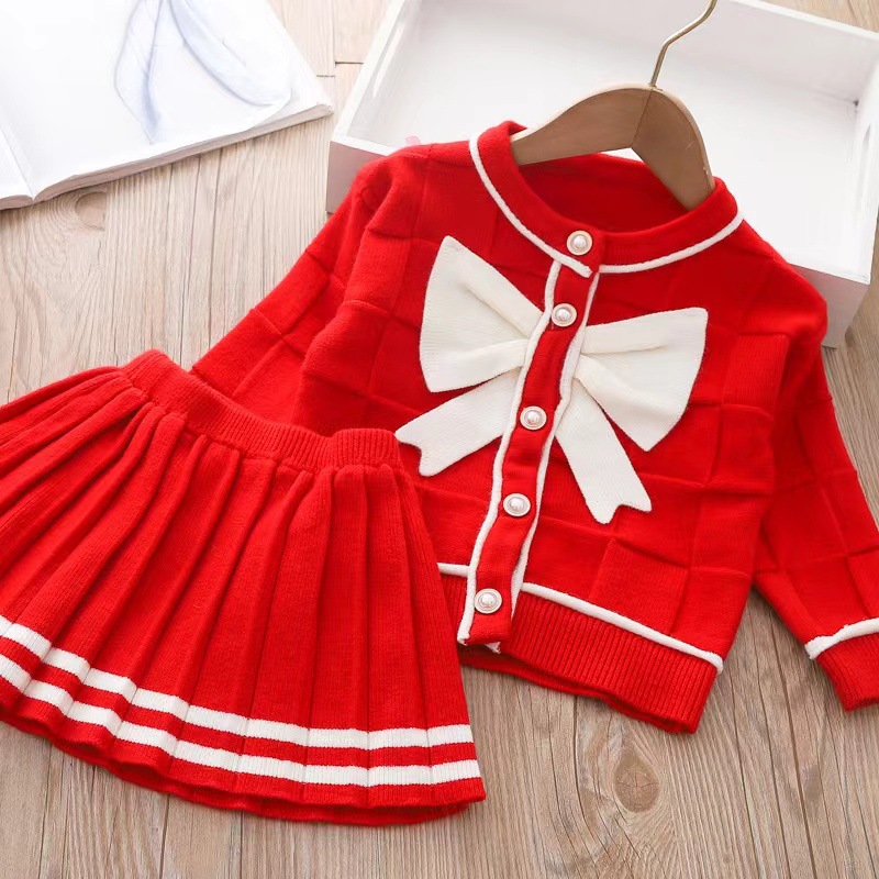 Knitted two-piece set 2023 autumn and winter New girls' sweater dress suit bow little girl cardigan top coat