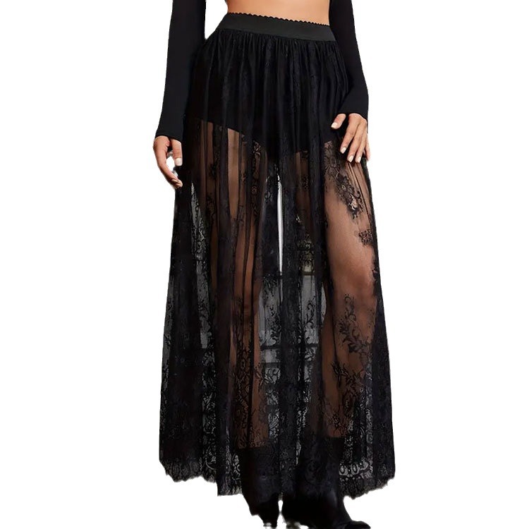 European and American Women's Summer New Diablo Gothic Lace Perspective Sexy Skirt Long Skirt