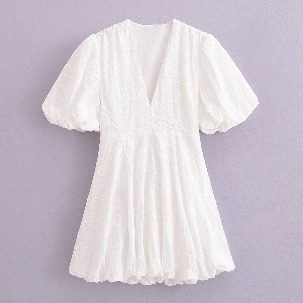 European and American Summer New Women's Clothing All-match White V-neck Embroidery Tight Waist Puffy Sleeve Mini dress