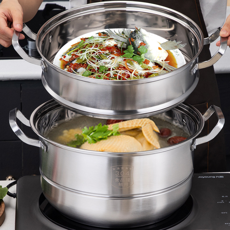 Factory Direct Supply 304 Stainless Steel Steamer Household Double Layer Three Layer Soup Pot Thickened Food Grade Steamer Activity Gift