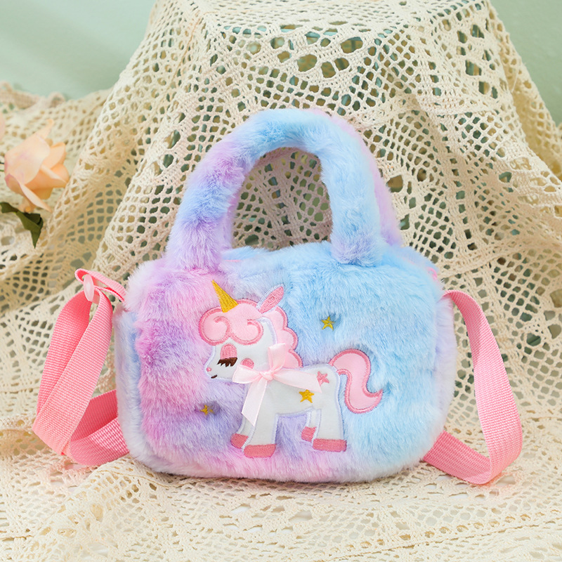 New Small Square Bag Cute Handbag Children's Cartoon Unicorn Plush Square Shoulder Bag Kindergarten Girls Crossbody Bag