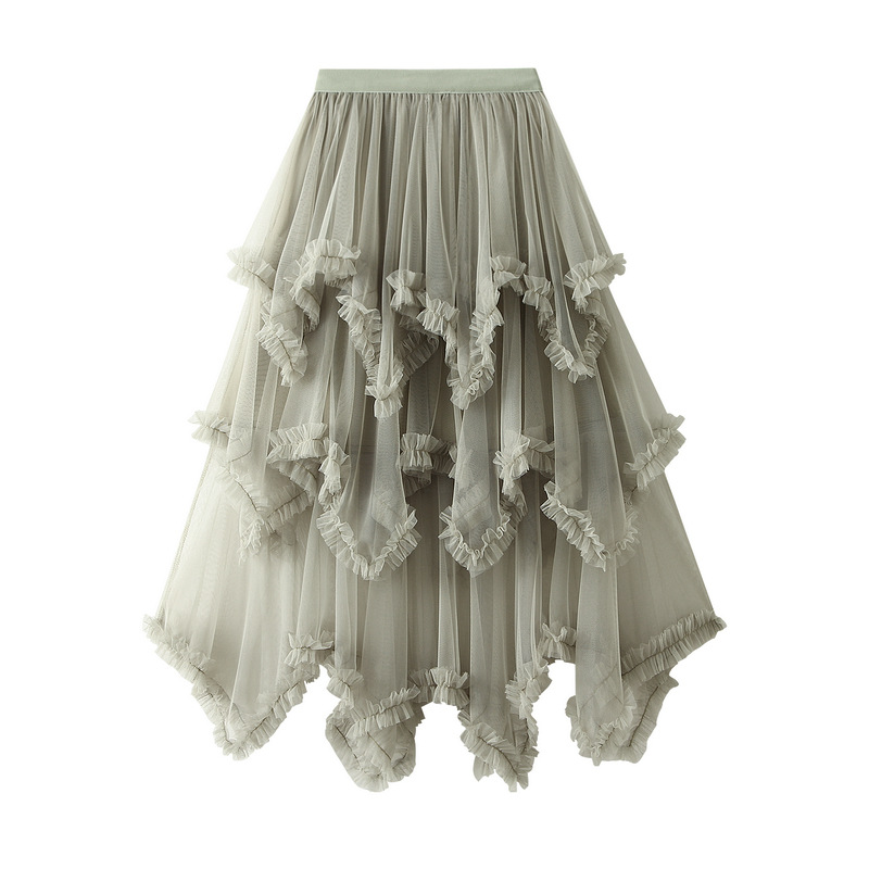 Ear Edge Irregular Mesh Cake Skirt Mid-length High Waist Large Puff Fairy Veil Skirt 1279