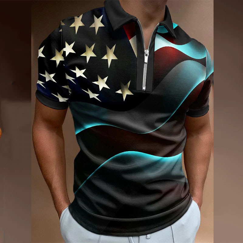 Cross-border 2023 Independent station spring and summer AliExpress Amazon new 3D printed short sleeve polo shirt zipper men's T-shirt