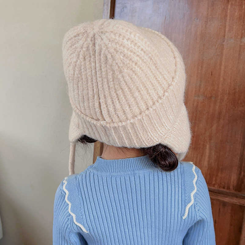 Gestrickte Ohrenschutzmütze für Kinder im japanischen Stil, neue Herbst- und Wintermütze aus dunkler, eleganter, warmer Wolle, einfarbige Strickmütze_voghion.com