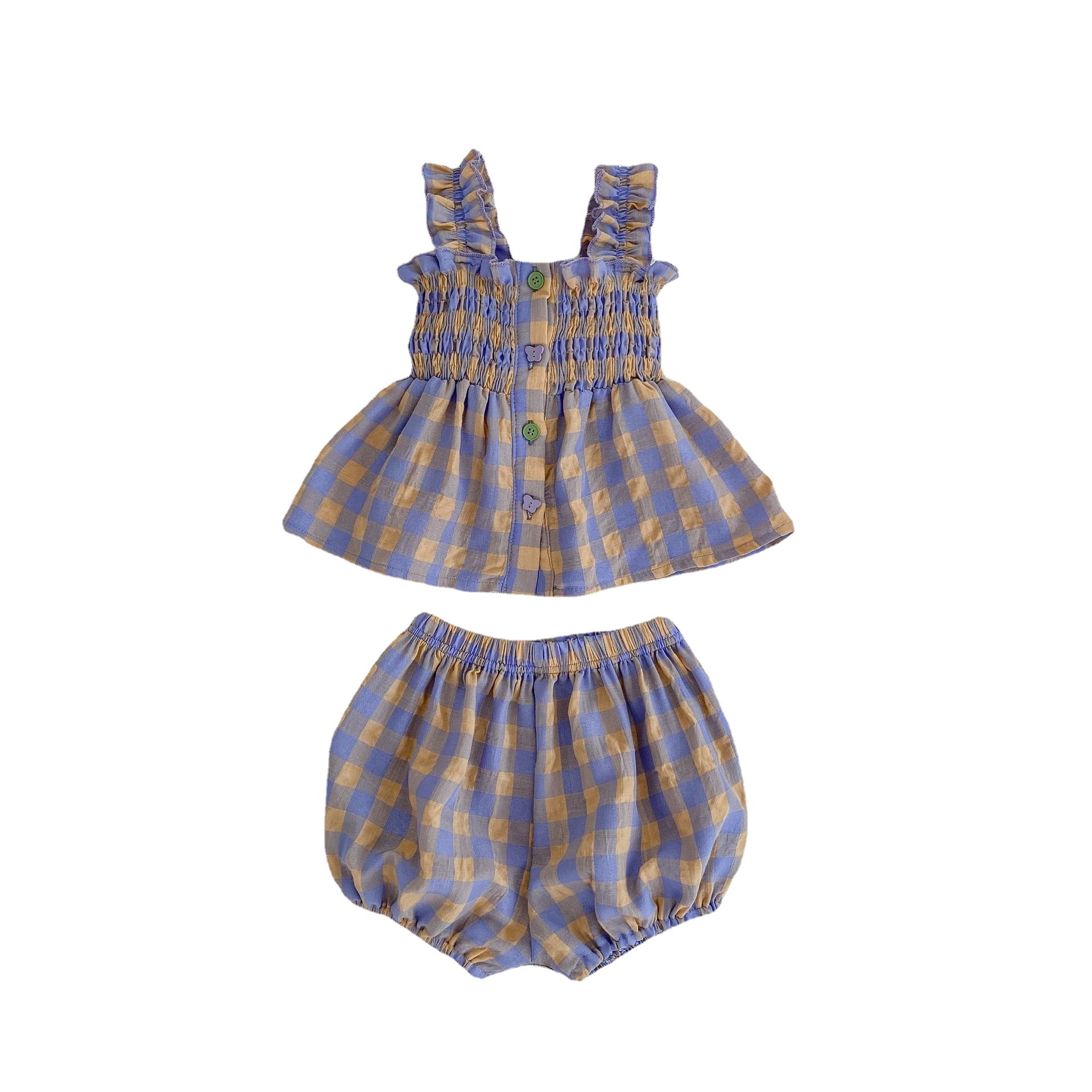 ins Summer Girls' Plaid Suit Western Style Sleeveless Doll Shirt + Bud Shorts Two-Piece Women's Western Style Clothes