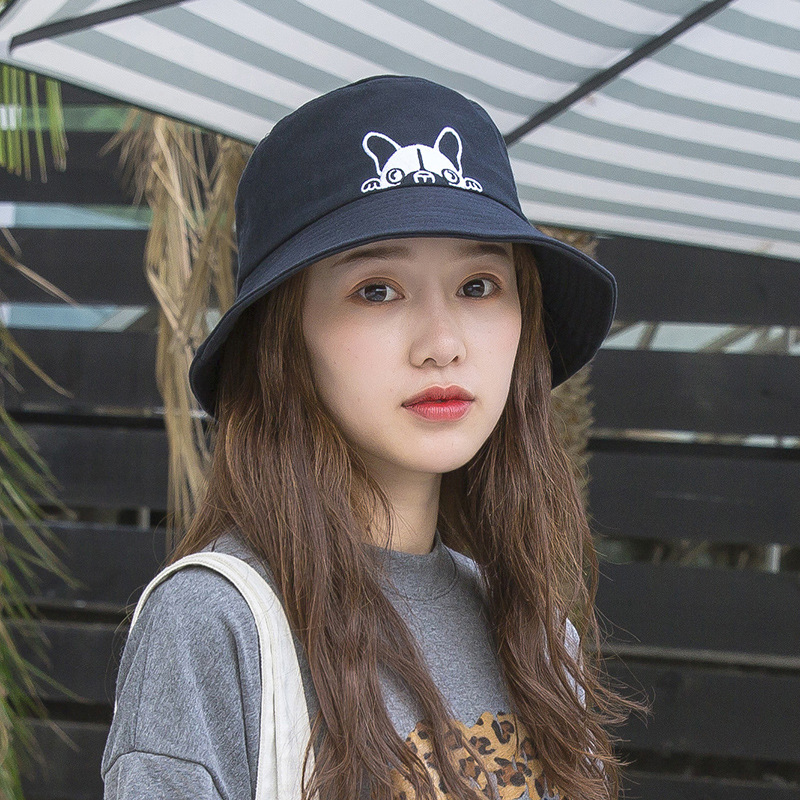 Hat Women's Sunshade Sunscreen Four Seasons Flat Top Embroidered Dog Japanese Style Bendable Folding Fisherman Hat Korean Style Soft Girl Basin Hat
