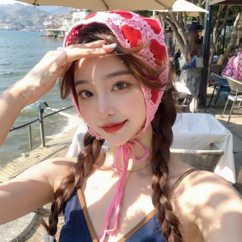 頭巾夏女田園三角巾文芸復古フック花三角巾帽子Y2Kギャル少女児童透かし彫り蕾|undefined