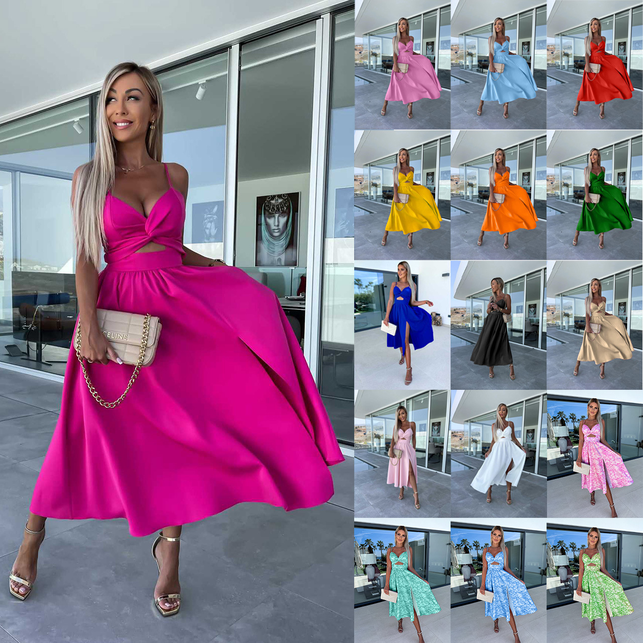 Foreign trade 23 years summer new fashion socialite deep V hollow big skirt split strap dress dress 23017