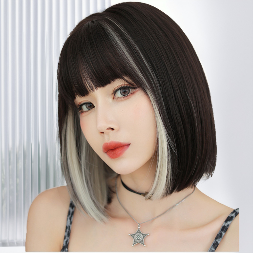 歐爍女短髮網紅掛耳染全頭套鎖骨發圓臉齊劉海波波頭內扣整頂發套