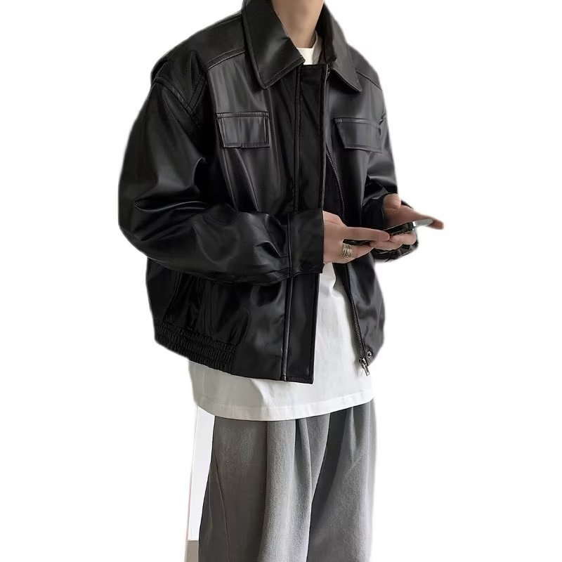 American retro motorcycle leather jacket men's autumn 2023 new design sense niche loose fashion brand PU leather jacket