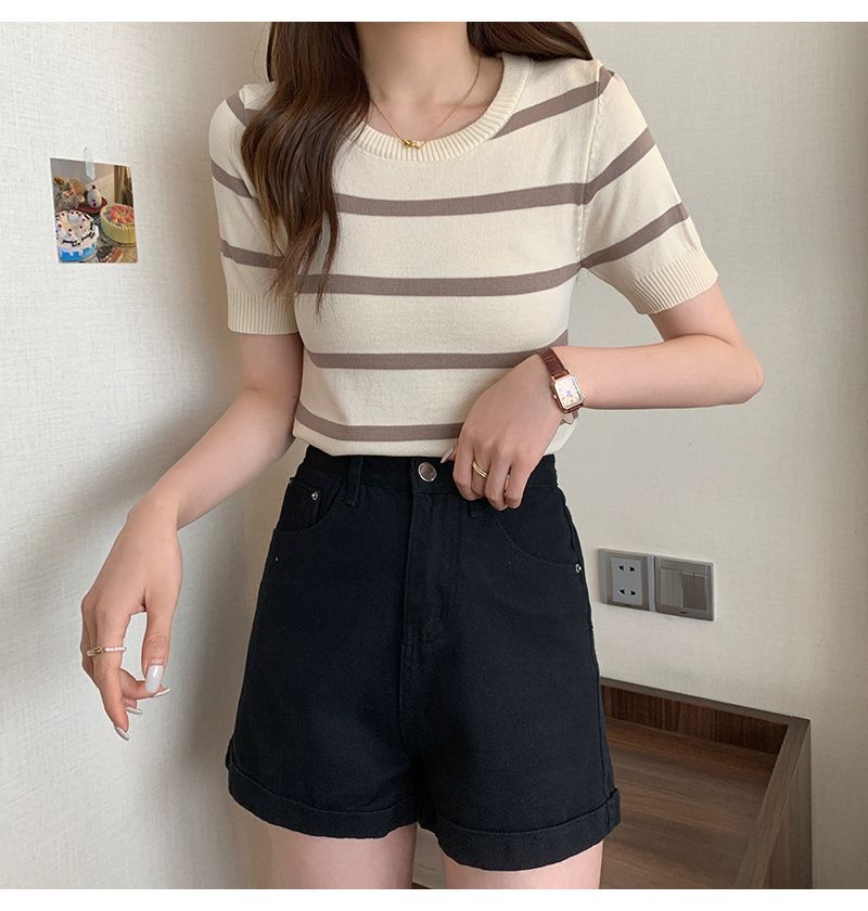 Round neck t-shirt striped summer new contrast color short ice silk retro temperament high waist Internet celebrity super hot short-sleeved top