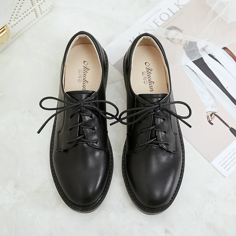 Lace-up British Style Loafers 2024 New Brock Small Leather Shoes Women's Round Head Soft Leather Thick Heel Casual Single-layer Shoes for Women