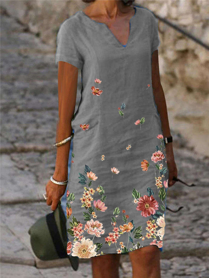2023wish Amazon cross-border independent station hot flower printed cotton and linen short sleeve mid-length V-neck dress