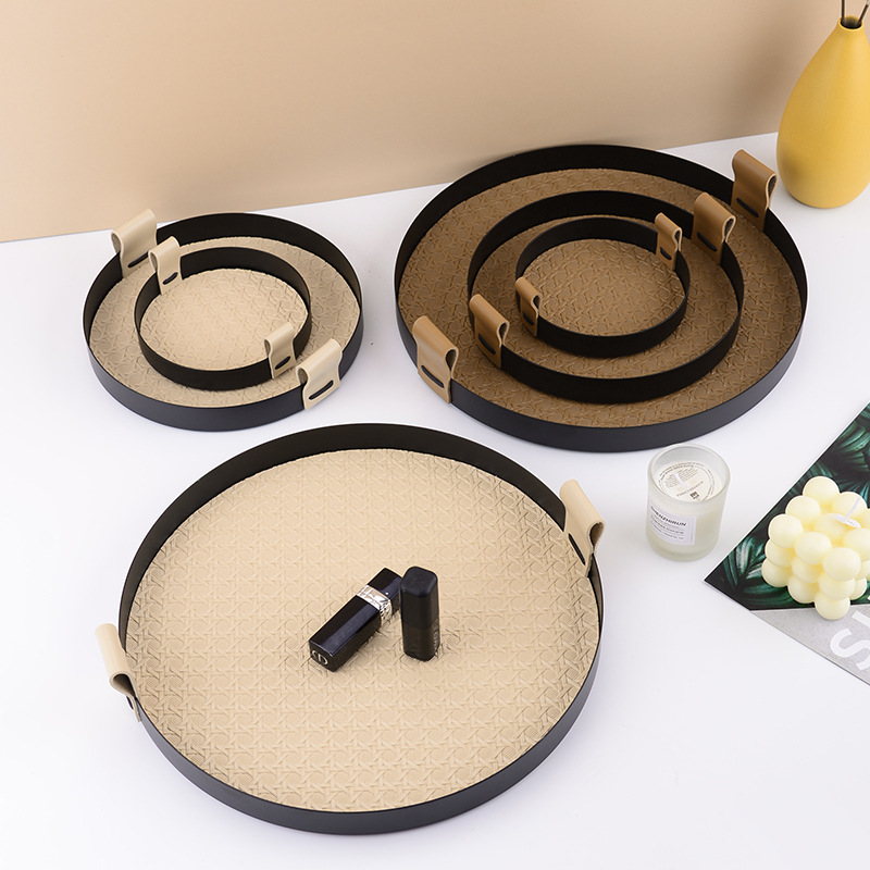 Nordic ins stainless steel leather round storage tray snack afternoon tea tray sundries finishing decoration ornaments
