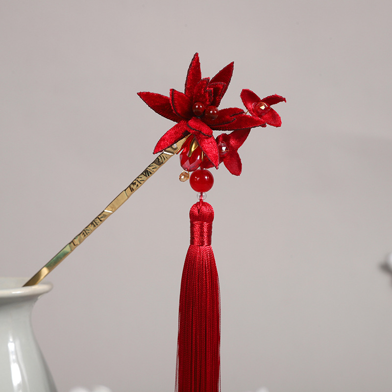 Ancient style red tassel hairpin hair accessories Hanfu headdress velvet flower updo vintage hairpin simple cheongsam alloy hairpin
