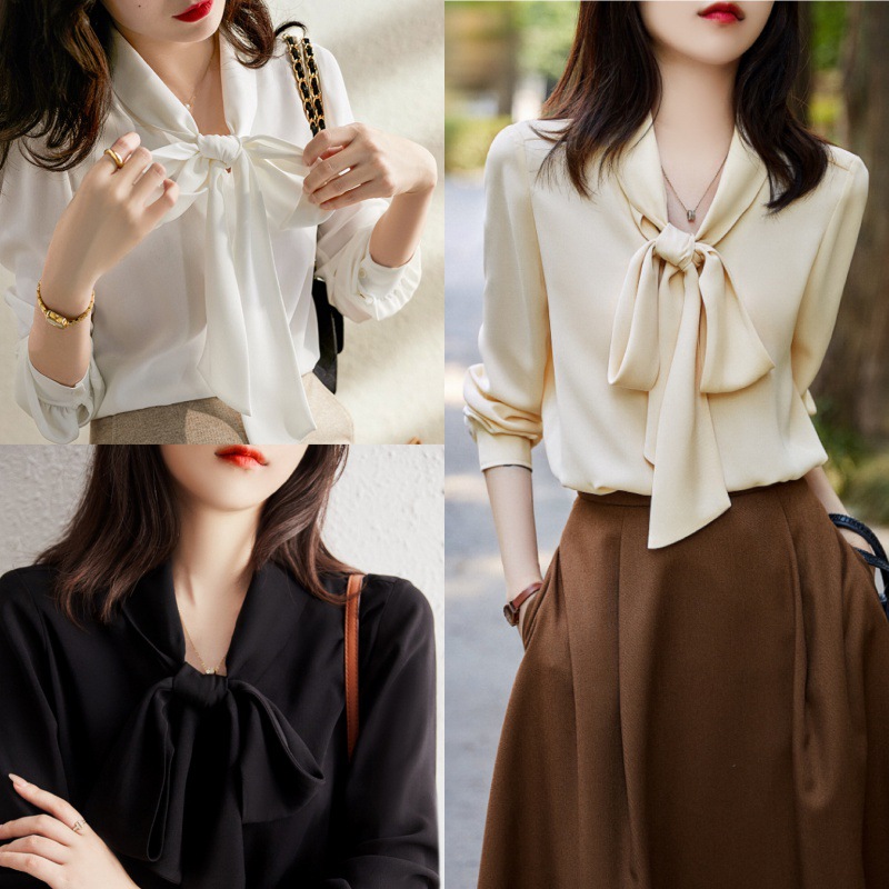 2023 Spring New Commuter Inner Top Bow Ribbon V-Neck Draping Slimming Elegant Korean Style Shirt for Women