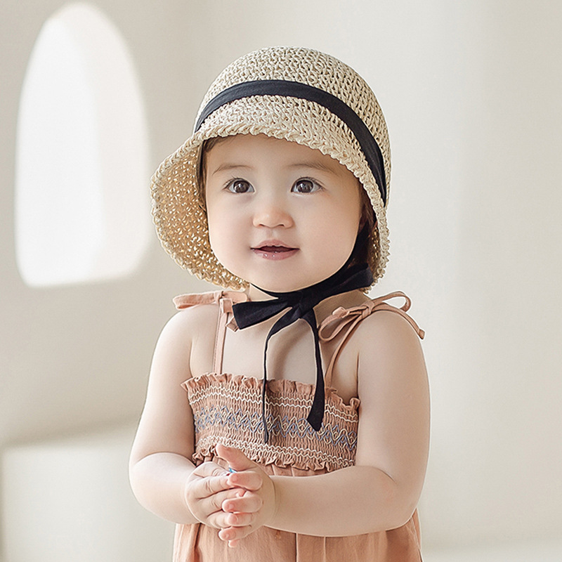 Cross-border New Baby Summer Hand-woven Black Ribbon Bow Straw Hat Fisherman Hat Sunshade Baby Boys and Girls Hat