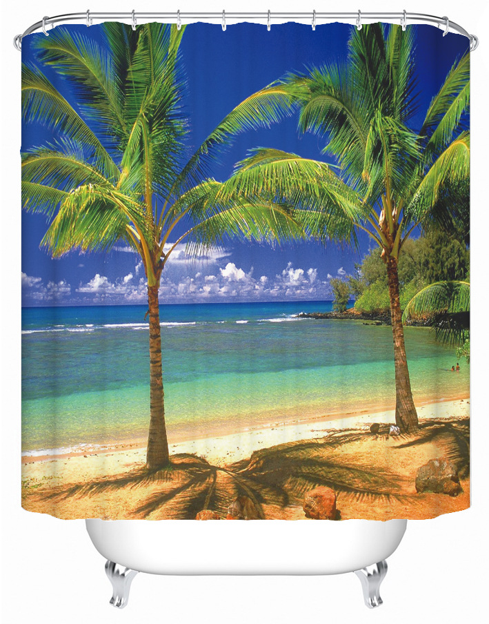 Factory pictures direct supply Amazon Coconut Beach series digital printing bathroom shower curtain 12 plastic hook accessories