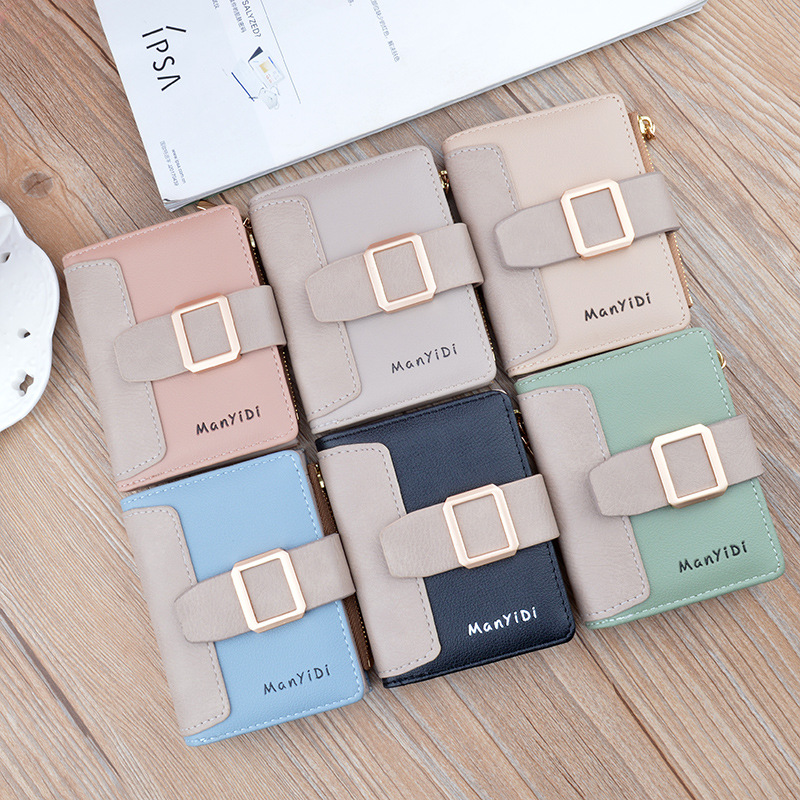 New Wallet Women's Short Wallet Small Fashionable Contrast Color Zipper Wallet Student Drawstring Buckle Coin Purse Card Holder