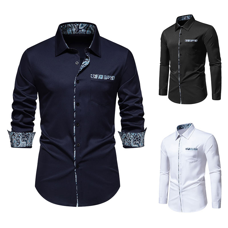 Amazon new men's triangle collar cashew flower color matching long sleeve shirt A355