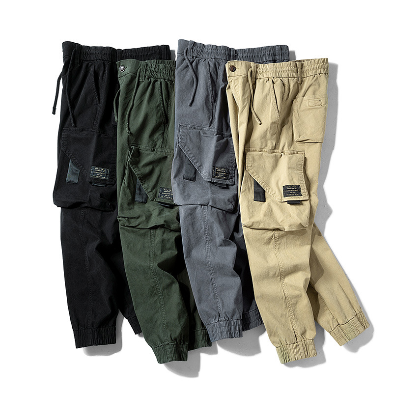 Cross-border casual pants men's spring and autumn cotton loose straight multi-pocket overalls men's trousers youth ankle-tied pants men