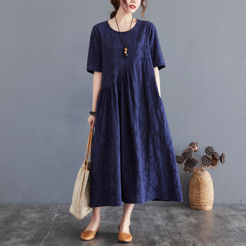 Fat MM real shot 2024 summer new loose simple jacquard irregular large size cotton and linen dress wholesale for women