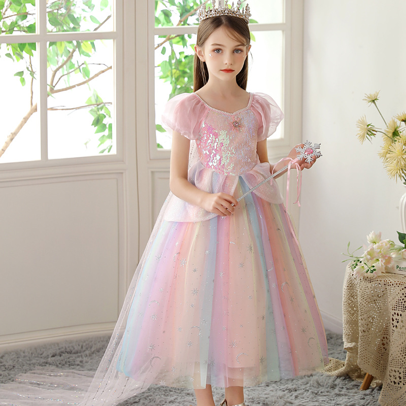 2025 New Summer Princess Aisha Dress Pink Colorful Short Sleeve Children's dress Girls Performance Dress