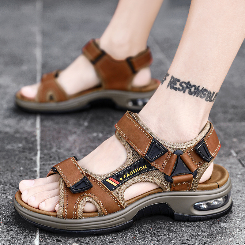 2026 Men's Sandals Outdoor Beach Shoes Velcro Air Cushion Large Size Cross-border Summer Noodles Handmade Sports Leisure