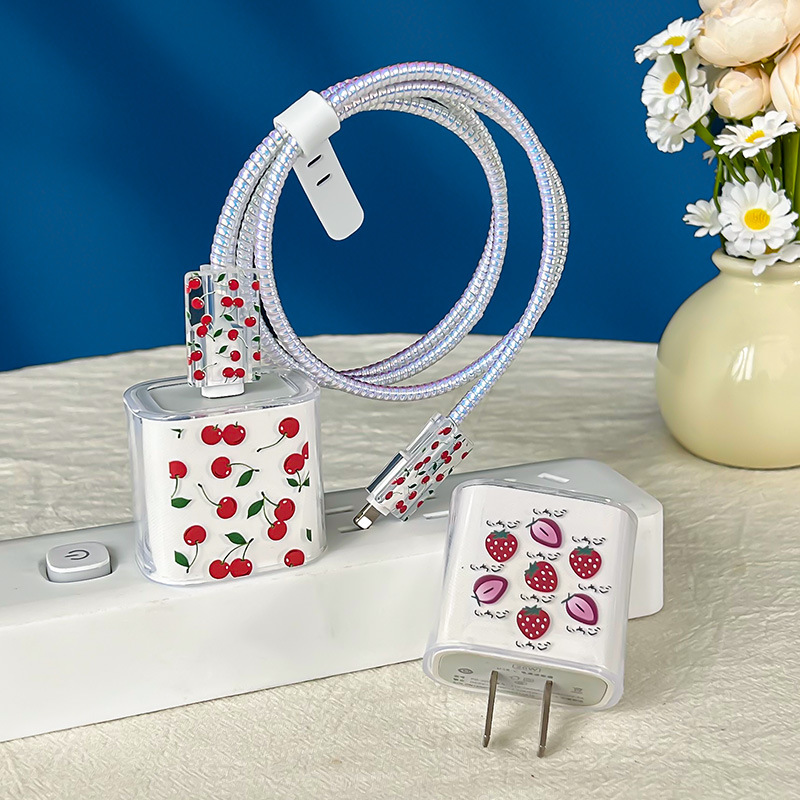 Suitable for Apple Mobile Phone Charger Protective Cover 15/14 Data Cable Protective Cover Bite Line Sliced Strawberry