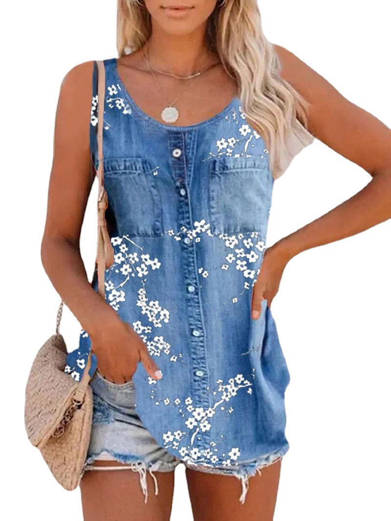 European and American Women's Cross-border Amazon 2023 Summer New Fashion Imitation Denim Vest Casual Printed Sleeveless Top