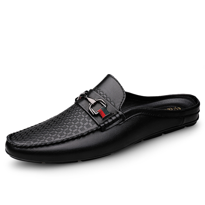 New Men's Fashion Embossed Metal Buckle Casual Half Drag Easy Slip-on Shoes Comfortable Breathable Casual Shoes