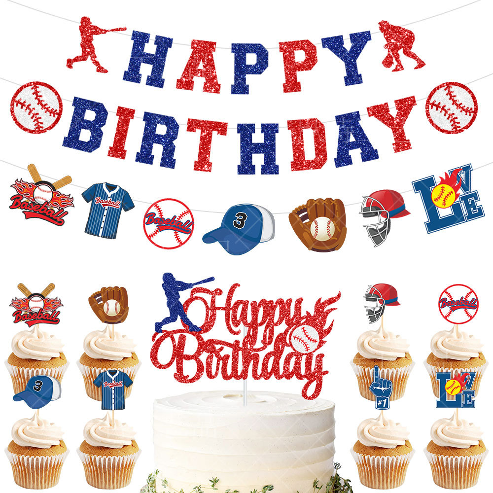Cross-border new sports baseball theme birthday party decoration suit baseball birthday flag cake insert