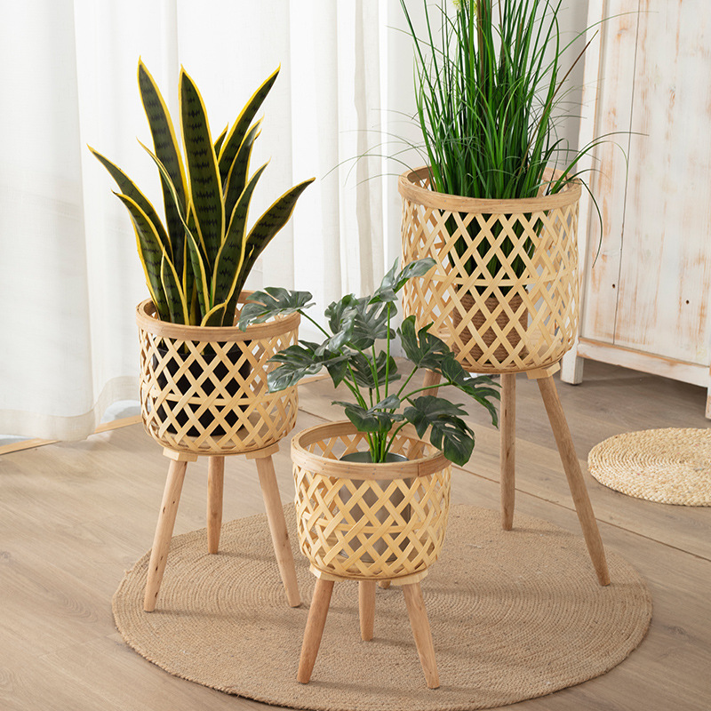 Nordic ins Style Living Room Plant Bamboo Flower Basket Decoration Turtle Bamboo Rattan Flower Pot Balcony Flower Rack Woven Basket