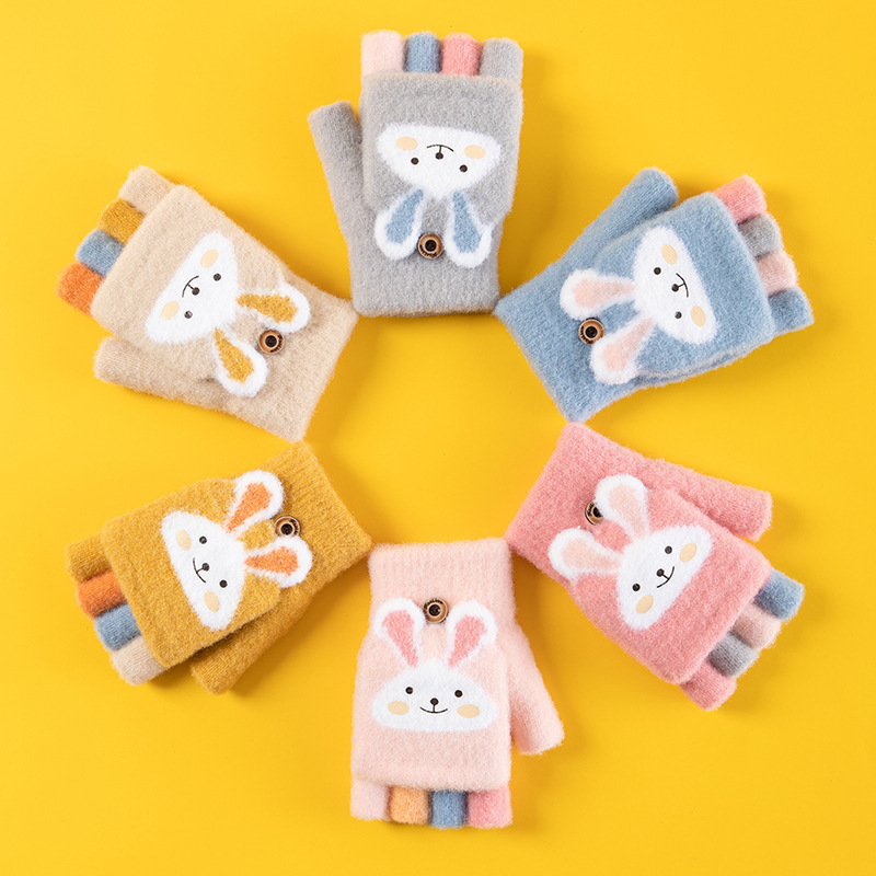Children's Jacquard finger gloves winter boys and girls warm fleece-lined thick cartoon half finger flip gloves 4-12