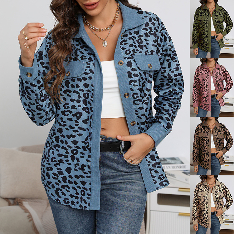 2024 Amazon European and American cross-border women's clothing autumn and winter fashion leopard print pocket button long-sleeved jacket for women