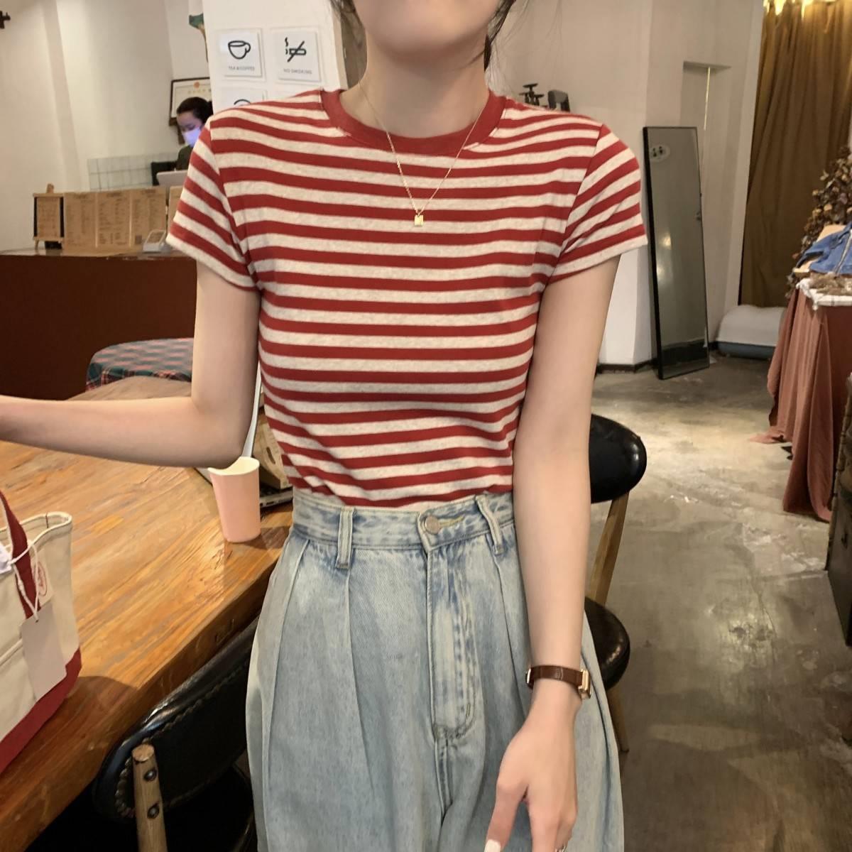 Striped Underwear Summer 2025 New Design Short Sleeve T-Shirt Women's American Retro Student Slim Top 