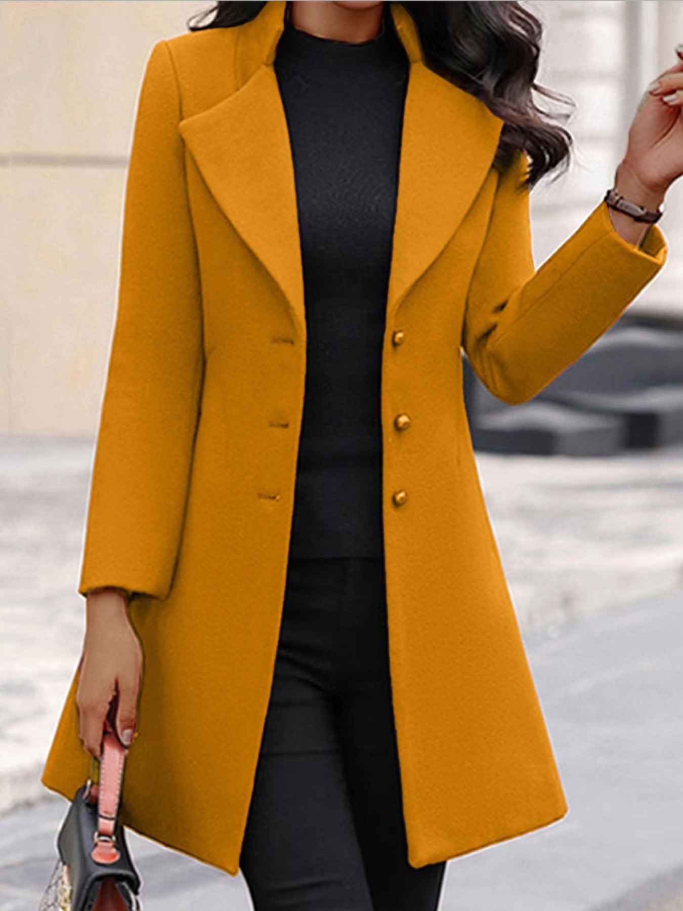 2024 New European and American Cross-border Autumn and Winter Long Korean Lapel Slim Solid Color Slim-fit Women's Woolen Coat