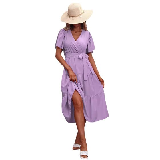 Foreign Trade Women's Clothing Amazon Explosions Cross-border European Goods Summer New Hot Solid Color V-neck Short-sleeved Dress