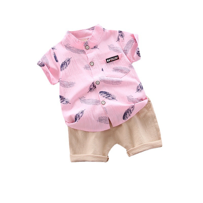 跨境夏季薄款婴幼儿童宝宝羽毛卡通衬衫短袖短裤两件套批发潮款