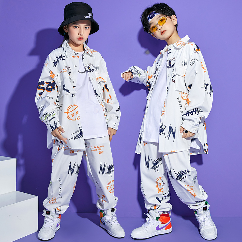 秋冬新白色滿身印套裝兒童嘻哈寬鬆演出服少兒男童街舞hiphop潮服