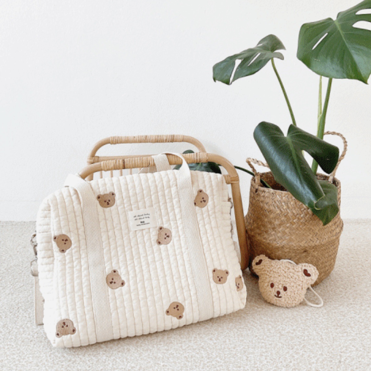 Korean ins Mommy Bag Bear Portable Large Capacity Maternal and Baby Bag Shoulder Crossbody Fashionable Embroidered Mother Bag