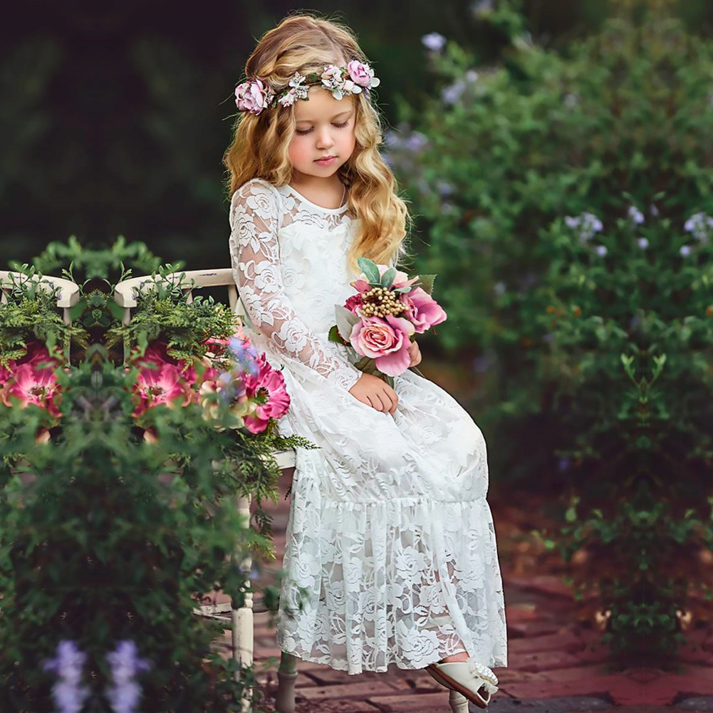 High-end long-sleeved embroidered lace dress girls' princess dress European and American children's dress lace Hollow children's dress