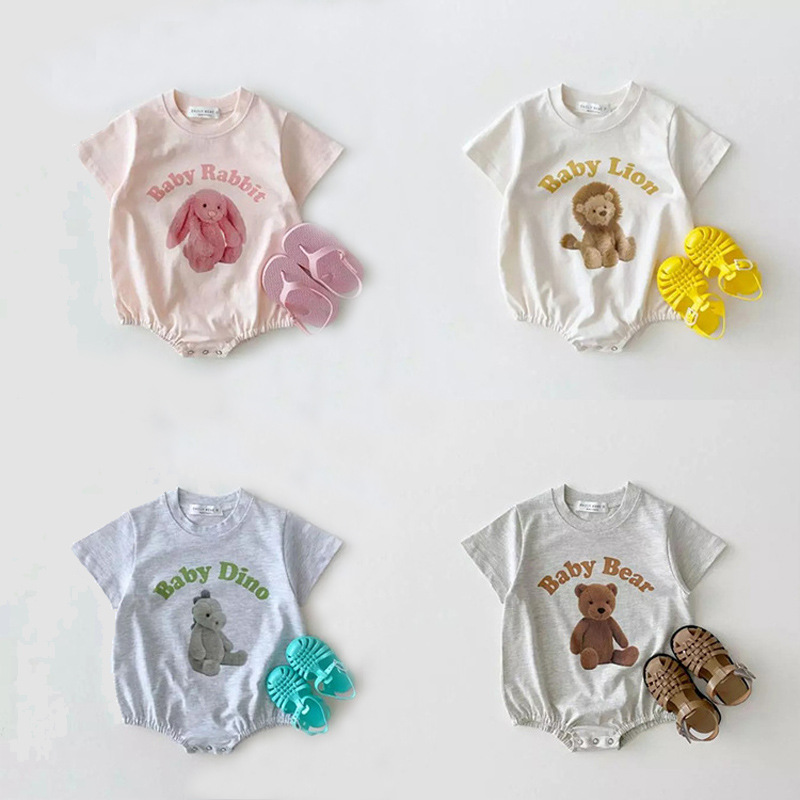 Korean version Instagram baby cartoon plush bear short-sleeve crawling suit, summer short-sleeve baby bear onesie, bear body suit