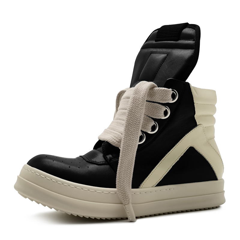 rricowees Spring European and American Fashion Ankle Boots Cowhide High-top Inverted Triangle Black and White Personalized Thick Sole Height Increasing Men's Shoes