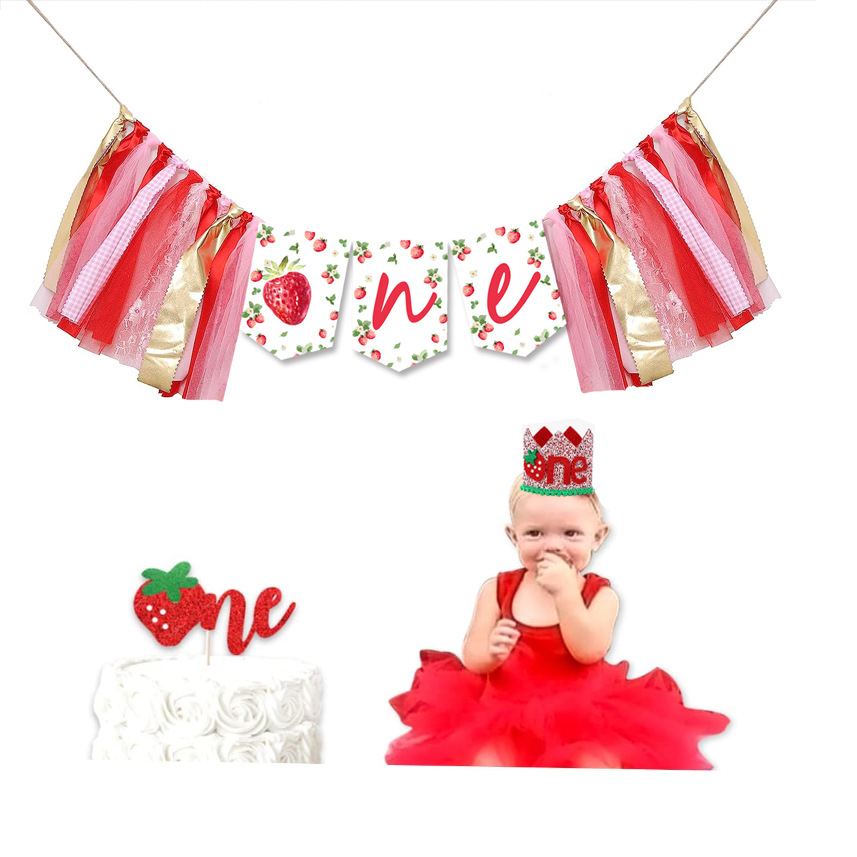 Cross-border Hot Selling One-year-old Party suit Strawberry Theme Girl Pink Theme Rainbow One-year-old Theme suit