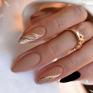 Medium almond nail Brown Lake blooming autumn and winter atmosphere temperament White nail beauty piece European and American ins style fake finger