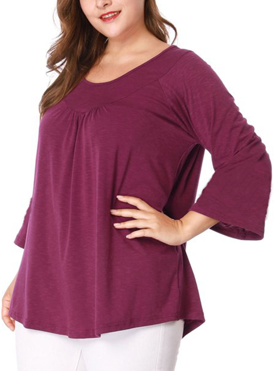  New Amazon AliExpress European and American Style Large Size Pleated Round Neck Loose Long Sleeve Top