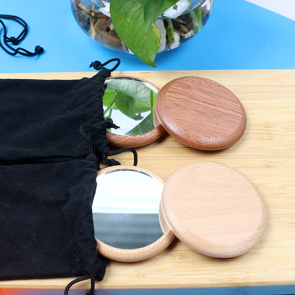 Beech Wood Portable Cosmetic Mirror Student Dormitory Sapri Dressing Mirror HD Small Mirror Round Mirror