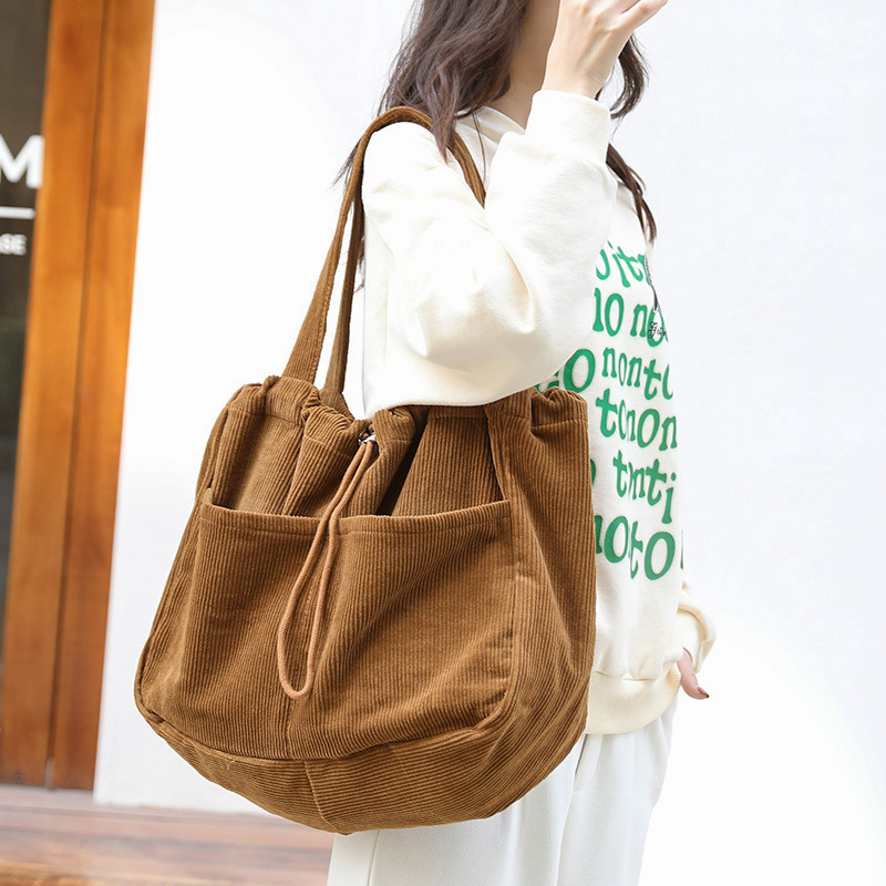 Japanese Style Vintage Corduroy Handbag ins Canvas Large Capacity Underarm Bag Internet Popular Fashionable Drawstring Shoulder Bag for Women_voghion.com
